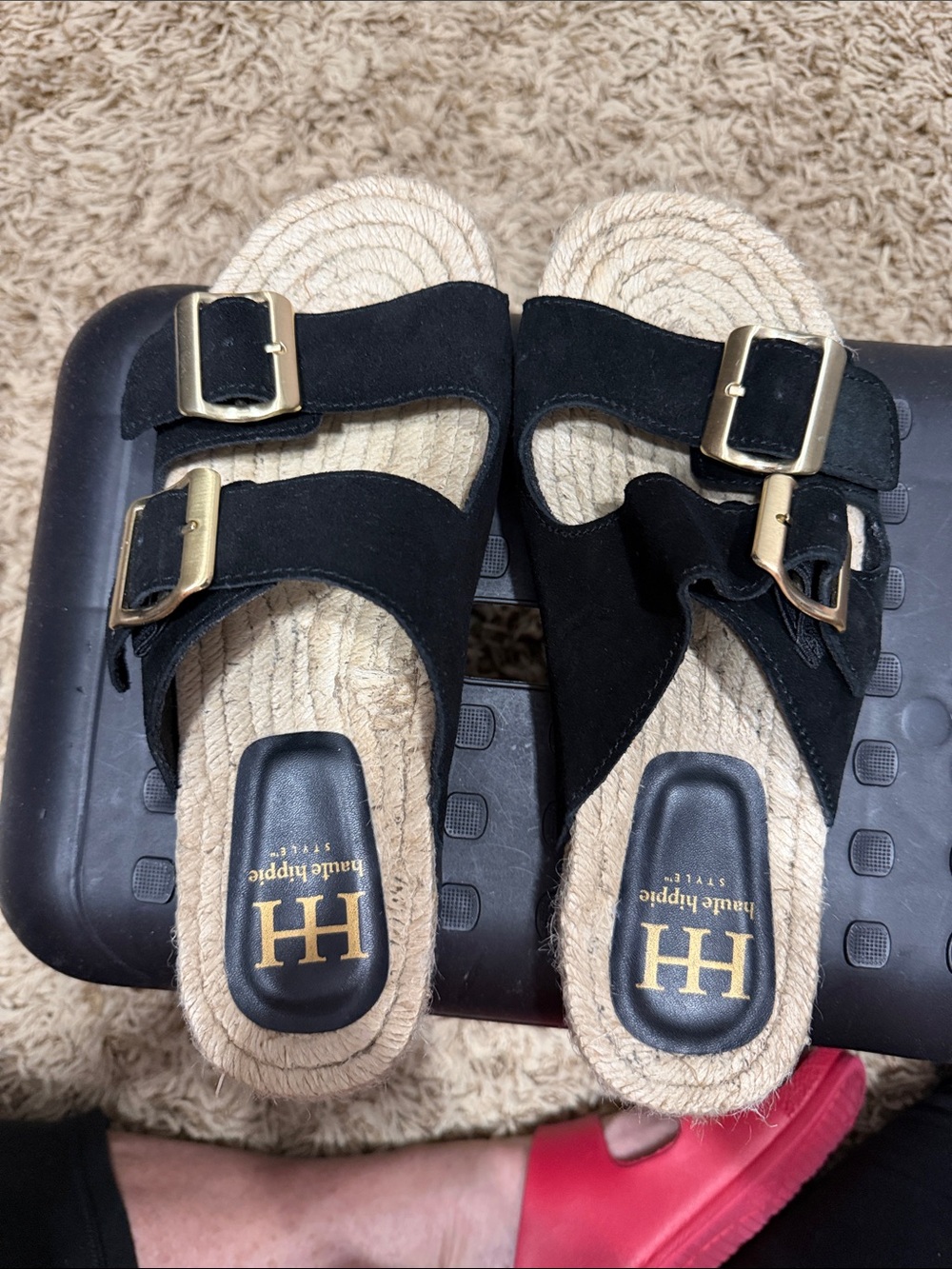 Haute Hippie Black Suede Double-Buckle Espadrille Slide Sandals